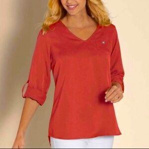 Soft Surroundings Women's Roll Tab Relax V-Neck Tencel Tunic Top Orange
